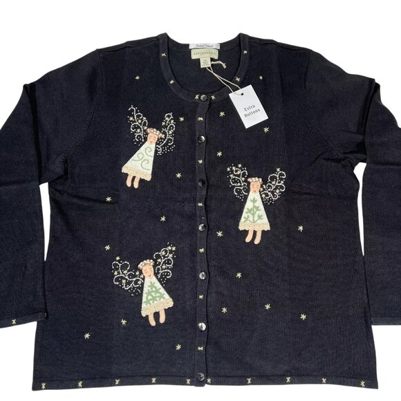 Limited Edition Appleseed's Womens Black Christmas Angels Cardigan Sweater Sz XL - Picture 4 of 16